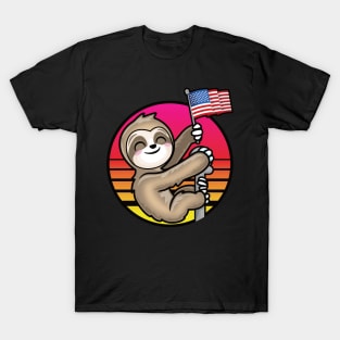 Kawaii Patriotic Sloth Holding USA Flag Retro Sun T-Shirt